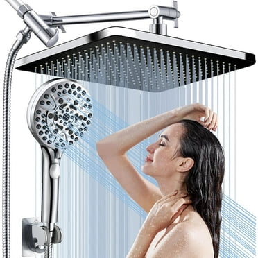 14'' Rain Shower Head Combo,High Pressure Rainfall Shower Head with 11'' Flexible Adjustment of Height/Angle Upgraded Extension Arm and 10 Setting Spray Handheld Shower Head, Chrome