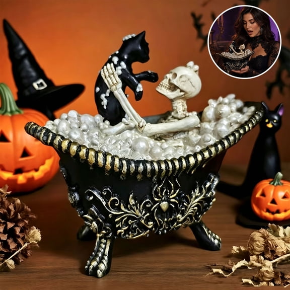 Cadancy Halloween Decorations Skeleton in Bathtub Figurine Black Cat Statue Resin Ornament for Tabletop Mantel Shelf Display Spooky Indoor Office Home Party Decoration