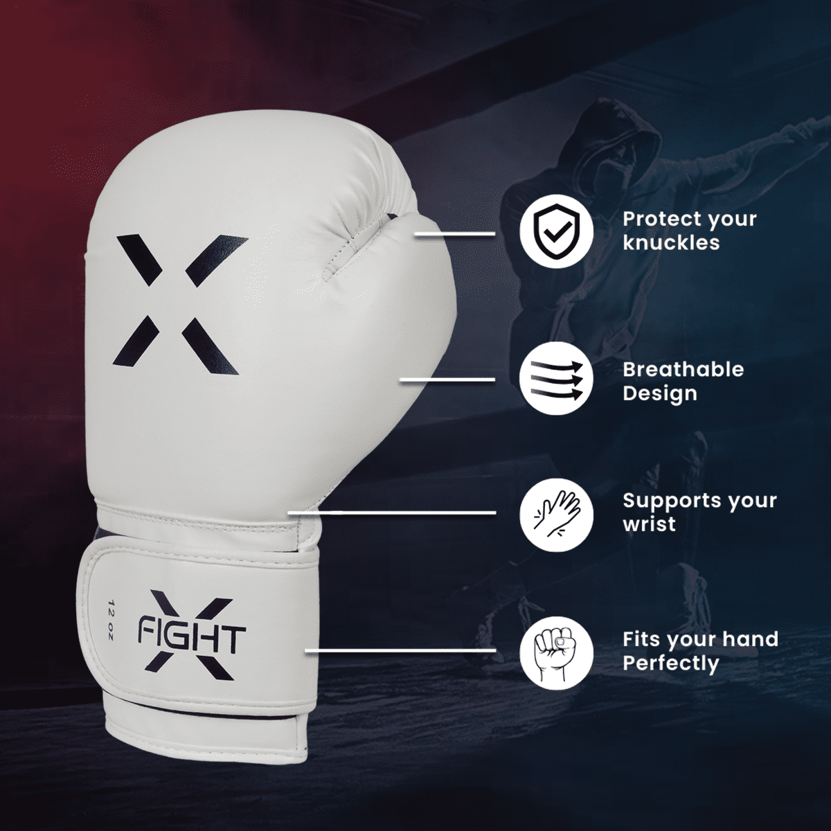 FightX Boxing Gloves 8oz for Men & Women, MMA Muay Thai Training & Punching Bag Gloves, White/Black
