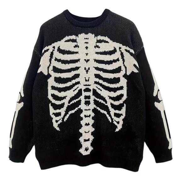 XIAOCHA Womens Sweaters Casual Skeleton Jacquard Crewneck Knit Pullover Sweater Loose Fit Long Sleeves Soft Comfortable Top Halloween Holiday