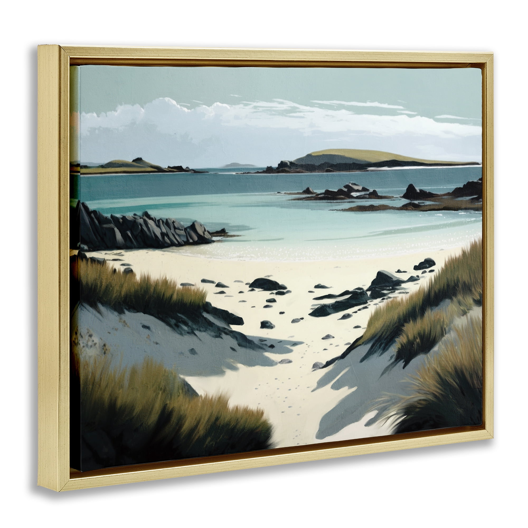 Stupell Industries Wild Island Landscape Nautical & Beach Painting Gold Floater Framed Canvas Art Print Wall Art, 21 x 17