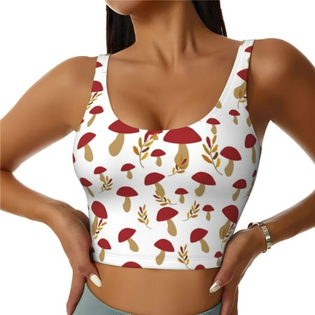 Jgfou Red Mushroom Print Womens Sports Bra - Padded Workout Sports Bras Crop Tank Top