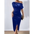 thumbnail image 5 of Women'S Off the Shoulder Asymmetrical Velvet Midi Dress Short Sleeve Ruched Elegant Party Dresses Blue XL, 5 of 8