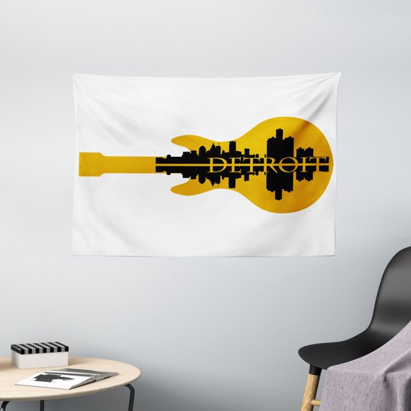 Detroit Decor Tapestry, High Rise Buildings Silhouette Reflection Electric Guitar Instrument Music, Wall Hanging for Bedroom Living Room Dorm Decor, 60W X 40L Inches, Yellow Black, by Ambesonne