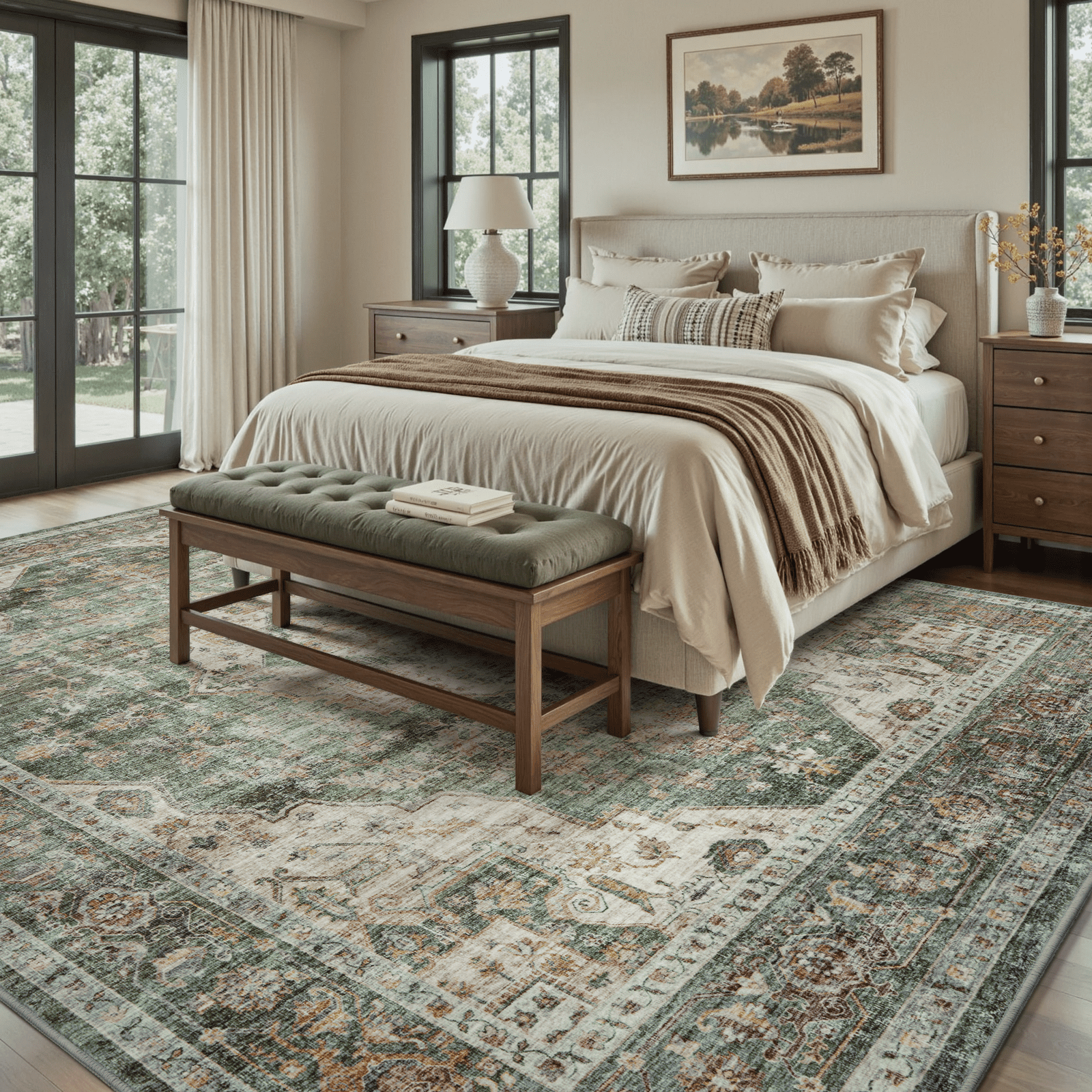 SIXHOME 9'x12' Area Rug Washable Retro Living Room Bedroom Carpet Soft Floral Distressed Indoor Rug Light Green