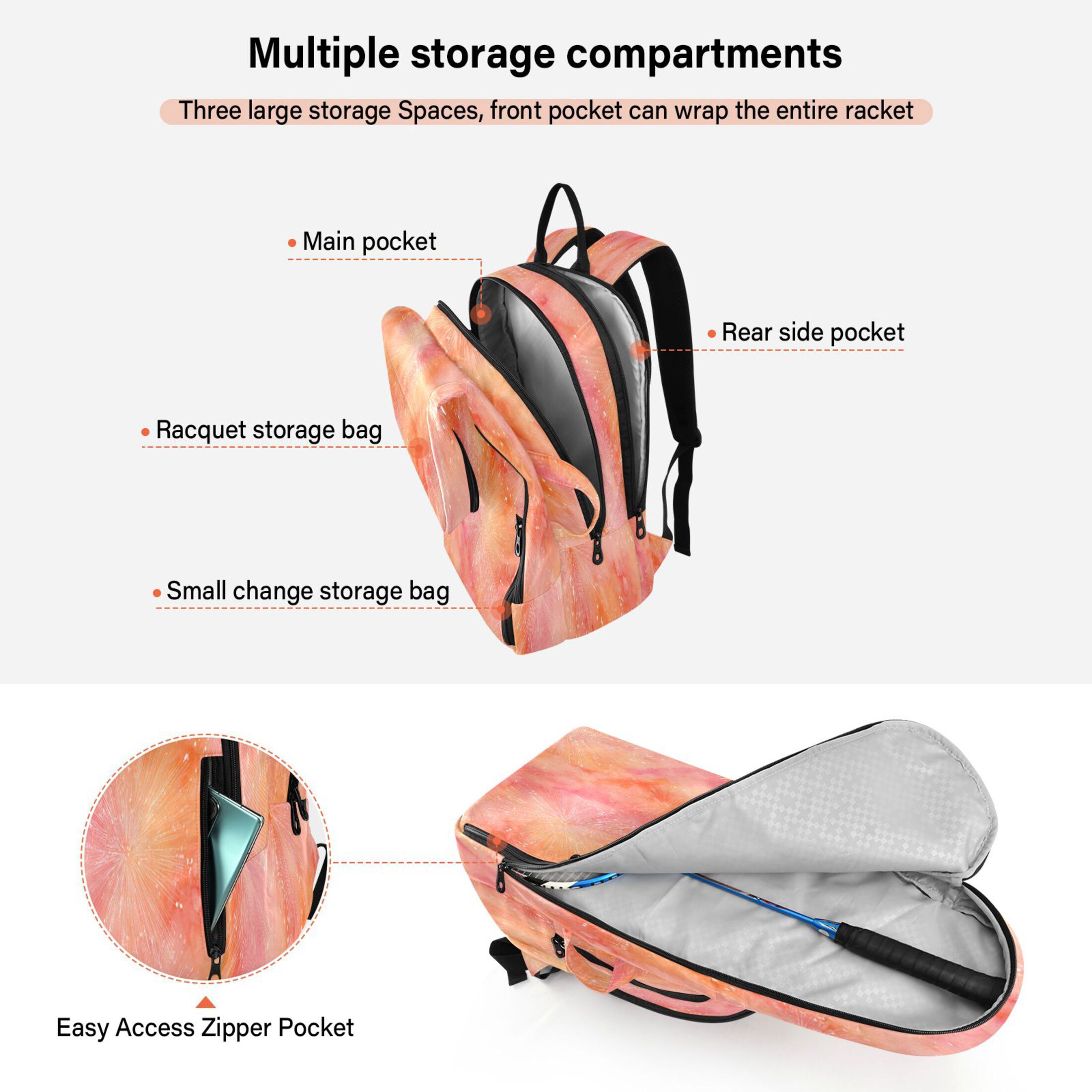 2 Racquet Holder Tennis Backpack Tennis Racket Covers Gym Bags Orange Tie-dye Firework