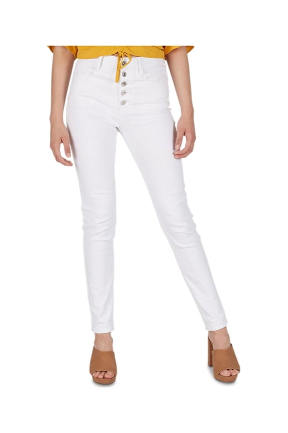 Womens White Pocketed Zippered Buttoned High Rise Skinny Jeans Size: 26