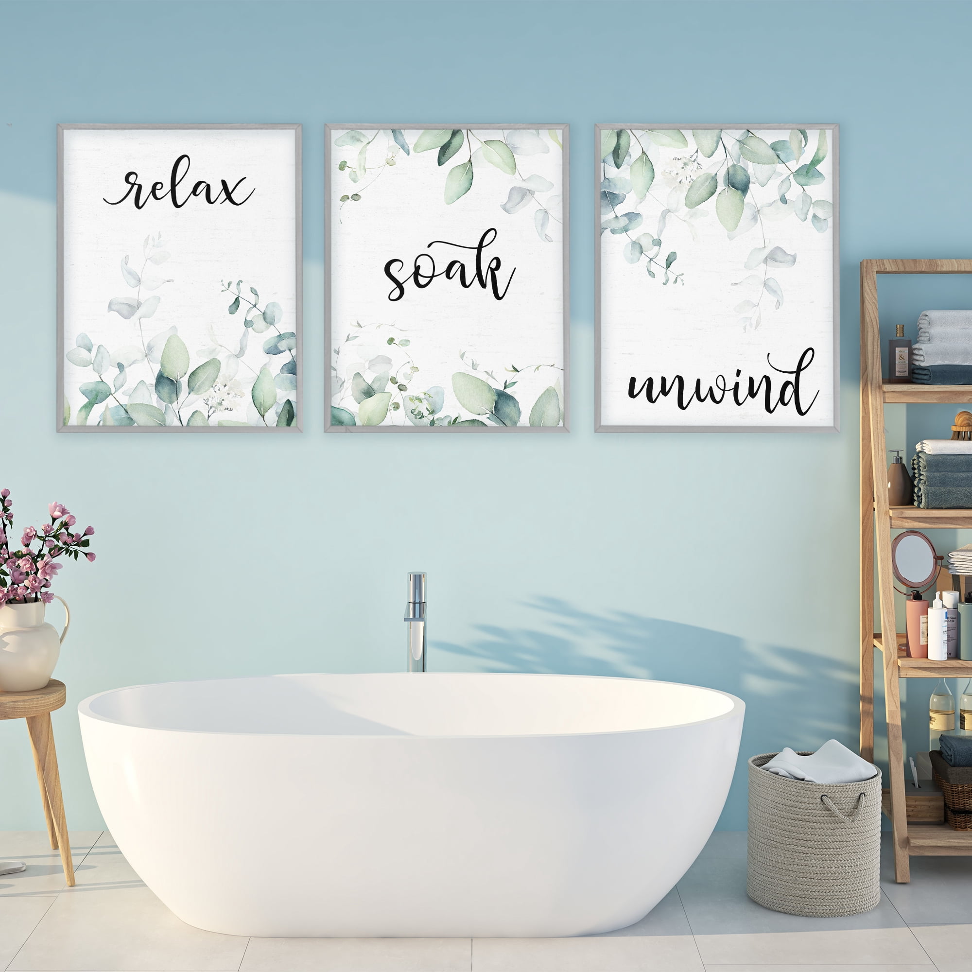 Leafy Bathroom Herbs 3 Piece Gray Framed Giclee Art Set, design by Lettered and Lined