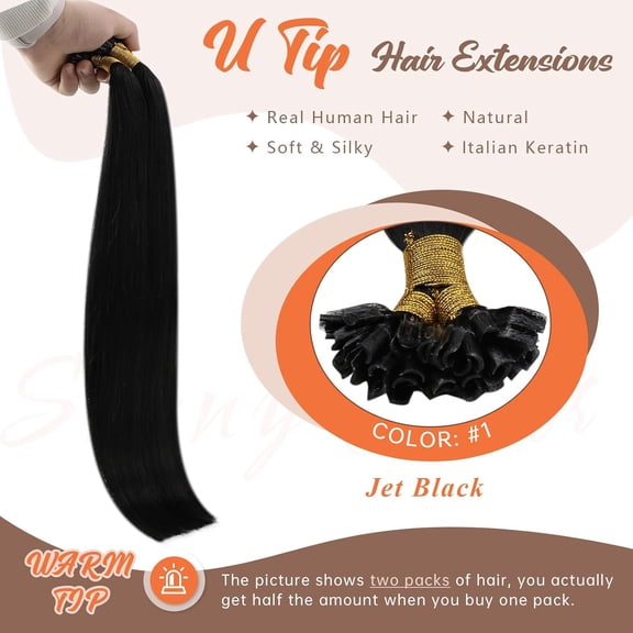 JINYUN-U Tip Hair Extensions Human Hair Invisible K Tip Hair Extensions Real Human Hair Jet Black Keratin Hair Extensions Black U Tip Hair Extensions for Party 18inch 50g
