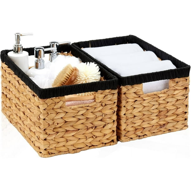 Cesta de almacenamiento de mimbre, cestas de almacenamiento de jacinto de agua con asas integradas, cestas de mimbre grandes para almacenamiento, paquete de 2 cestas de mimbre para organizar, natural