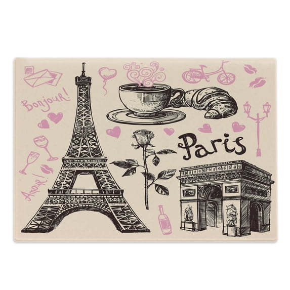 Eiffel Tower Cutting Board, Paris Eiffel Tower Bakery Delicious Croissant Traditional Floral Design, Decorative Tempered Glass Cutting and Serving Board, Large Size, Pink Dark Brown, by Ambesonne
