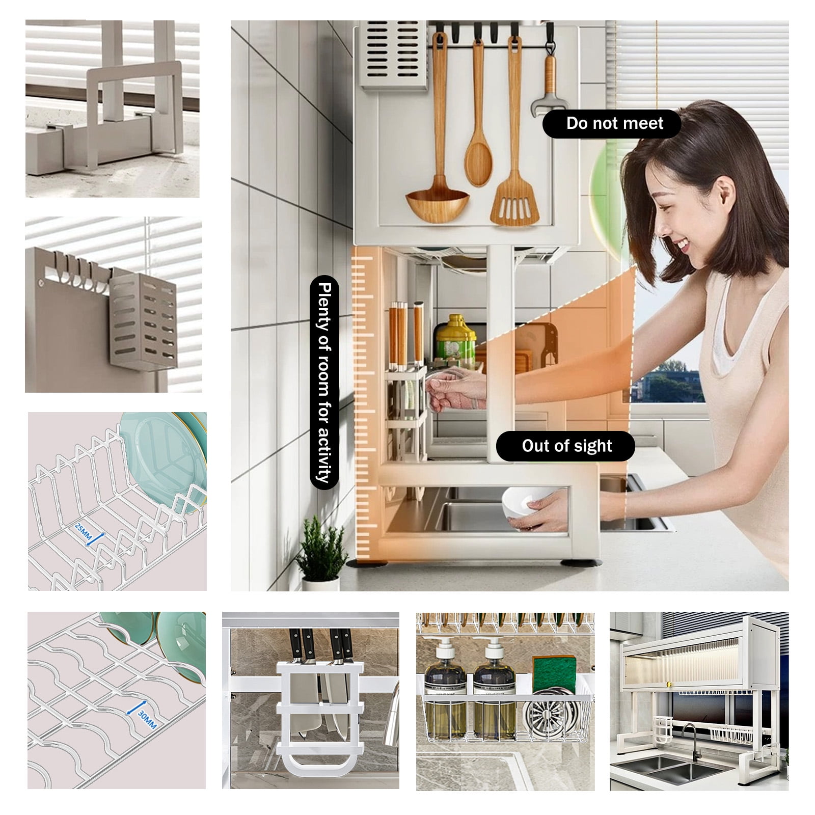 Dish Rack Over Sink for Kitchen, 165LBS Load Drying Rack Above Sink with Visible Cabinet Door, Large Carbon Steel Dish Drainer for Dishes, Bowls and Utensils, White