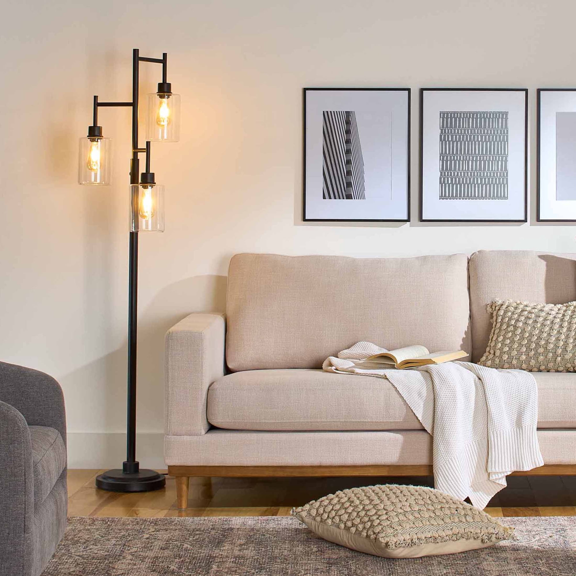 Better Homes & Gardens 63.5 in Contemporary Black 3-Light Floor Lamp with Clear Glass Shades