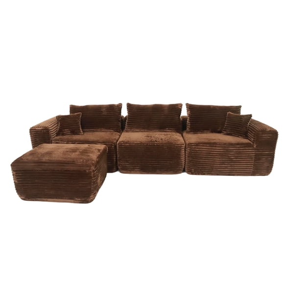 Ilios Innova | Sala Modular Catania de 4 Piezas, Relleno de Espuma, Tela Chenille Acanalada Café, Diseño Minimalista Configurable con Taburete