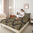 thumbnail image 3 of jejeloiu Opulent Damask Queen Sheets,Gold Print Queen Sheet Sets For Adults,Black Gold,4pcs,1 Flat Sheet, 1 Fitted Sheet and 2 Pillowcases, 3 of 6