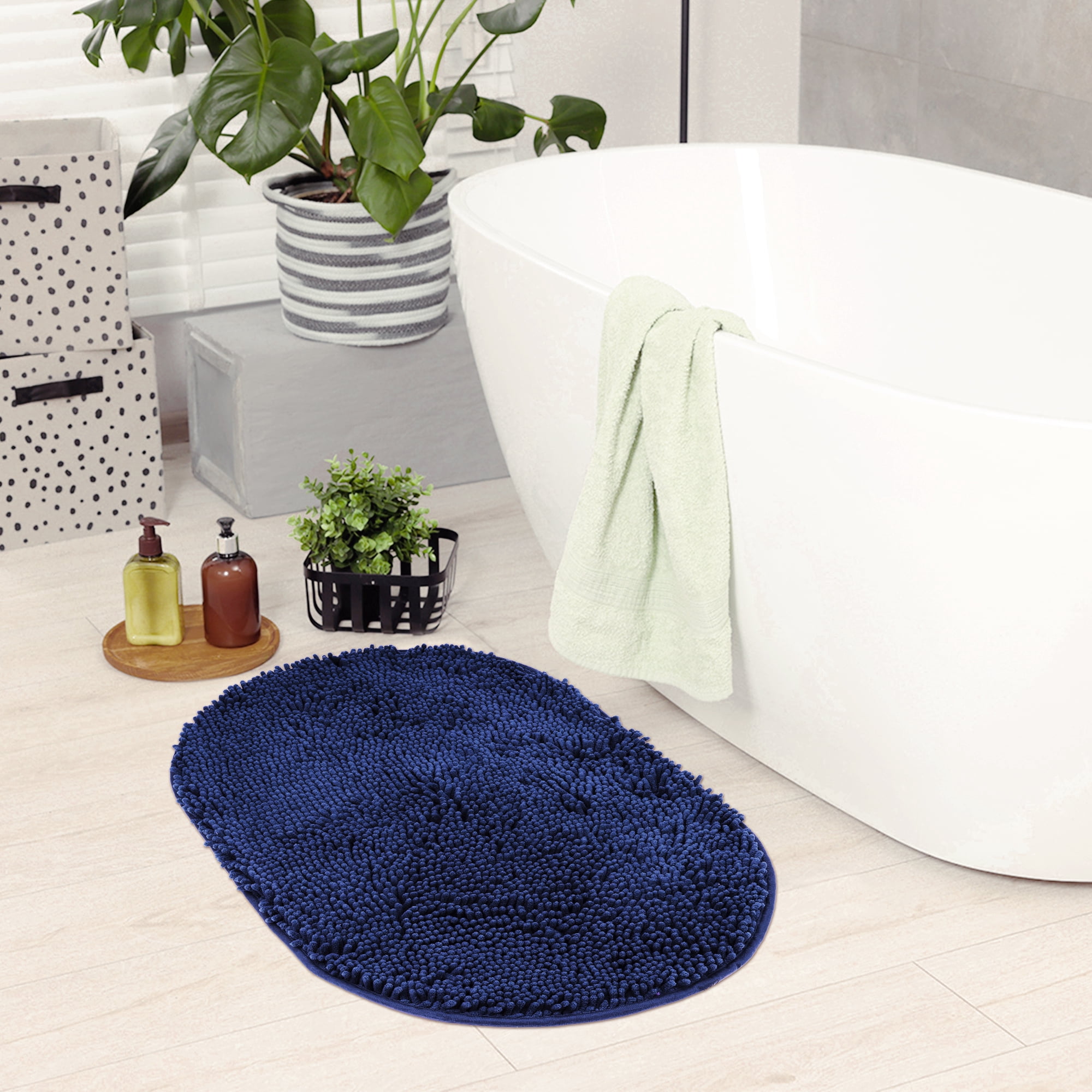 Unique Bargains Oval Plush Bath Mat Soft Non Slip Washable Rug Dark Blue 16" x 24"