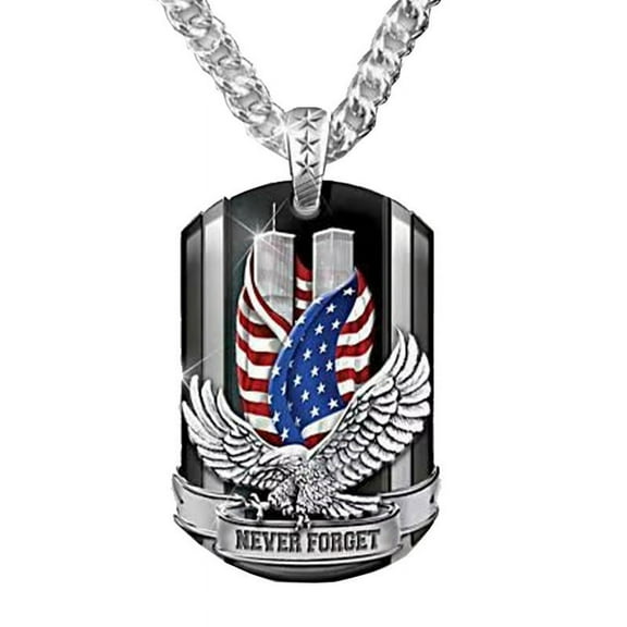 Mens Silver American Eagle w. US Flag Pendant Necklace Punk Biker Jewelry