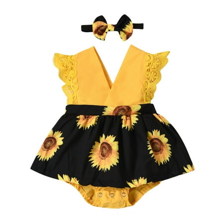 

GWAABD Girls Children s Clothing Black Baby Girl Sleeveless Sunflower Print Romper Jumpsuit+Headband Set Outfit 100
