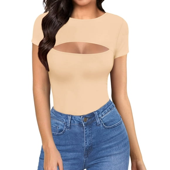 ALGALAROUND Women's Cutout Tops Basic Long Sleeve/Short Sleeve Round Neck Slim Fit T-Shirts (Short Sleeve Nude Large)