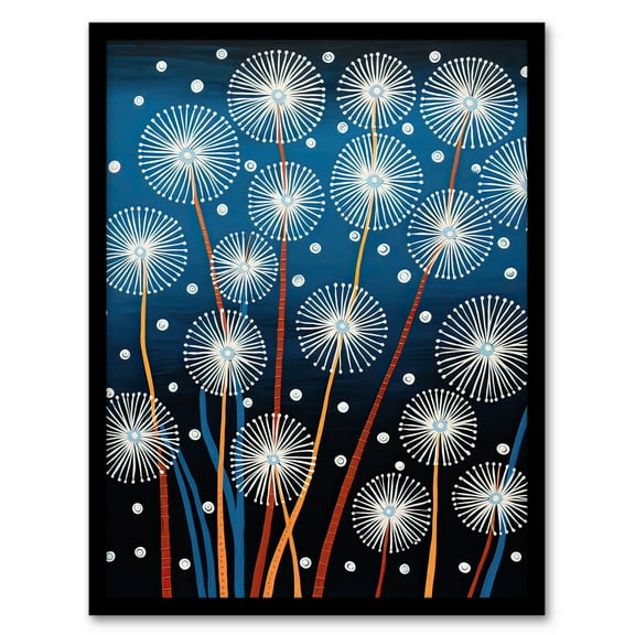 Dandelion Seeds Fireworks Folk Art Painting Blue Art Print Framed Poster Wall Decor 12x16 inch