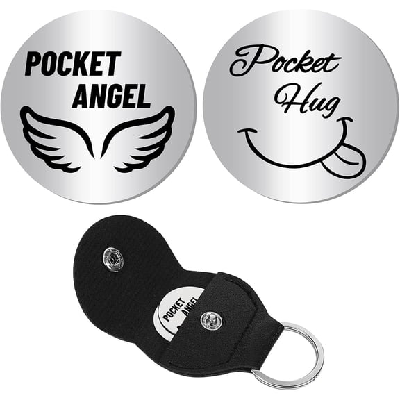 Pocket Hug Token 2Pcs Double-Sided Coin Pocket Angel Stainless Steel Long Distance Relationship Gift with Leather Keyring Keychain Holder Case Inspirational Keepsake for DIY Friends Women Men