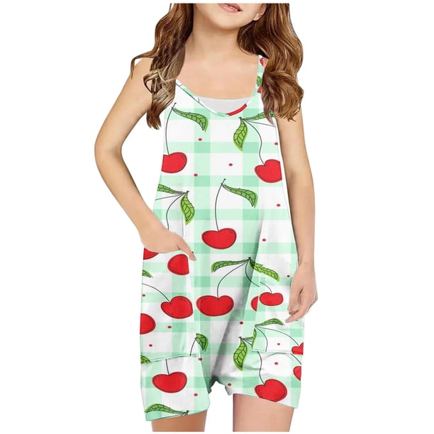 Odeerbi 5-13 Años Niñas Traje de Verano Plaid Fresa Impresión Camisola Romper Respirable Cómodo Suspender Overalls Bib Total Shorts Con Bolsillos
