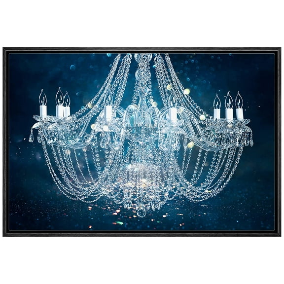wall26 Framed Canvas Print Wall Art Blue Glitter Fancy White Crystal Chandelier Decorative Lights Digital Art Realism Contemporary Chic Relax/Calm for Living Room, Bedroom, Office - 16"x24"