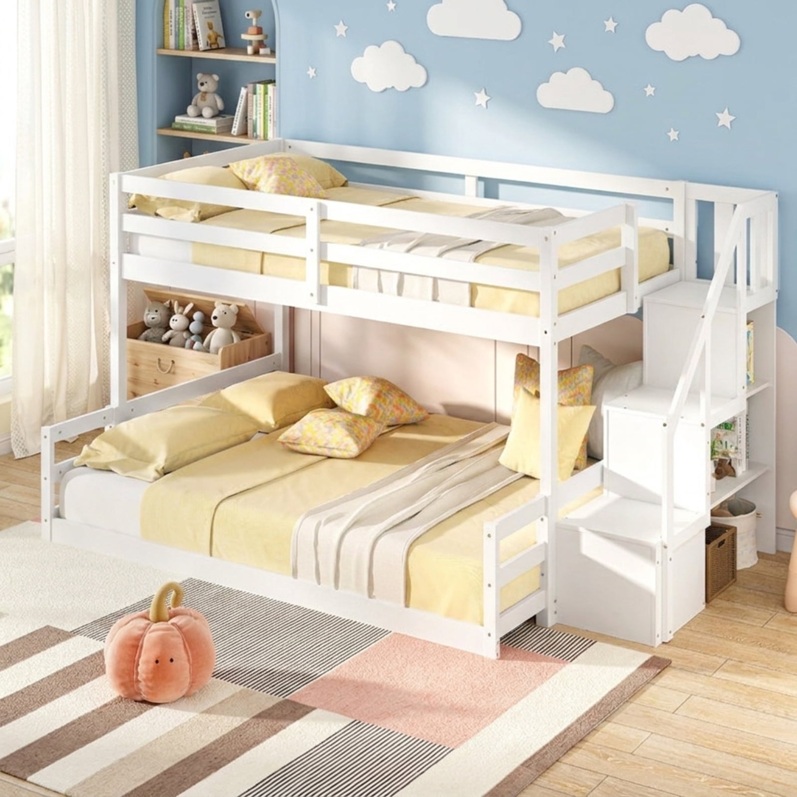 Furnibear Solid Wood Twin Over Full Low Bunk Bed with Storage Stairs and Headboard for Kids Bedroom Platform Sleep Space, White