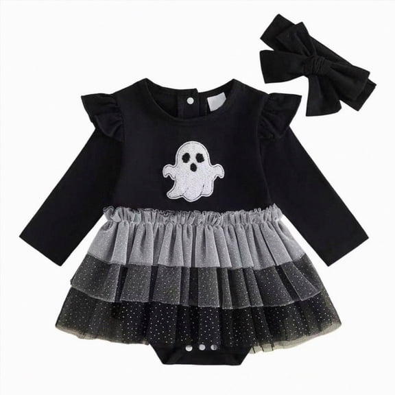 enyan Toddler Baby Girl Halloween Outfit Newborn Pumpkin/Ghost Embroidered Romper Lace Tutu Dresses Sister Matching Outfits Black,12-18 Months