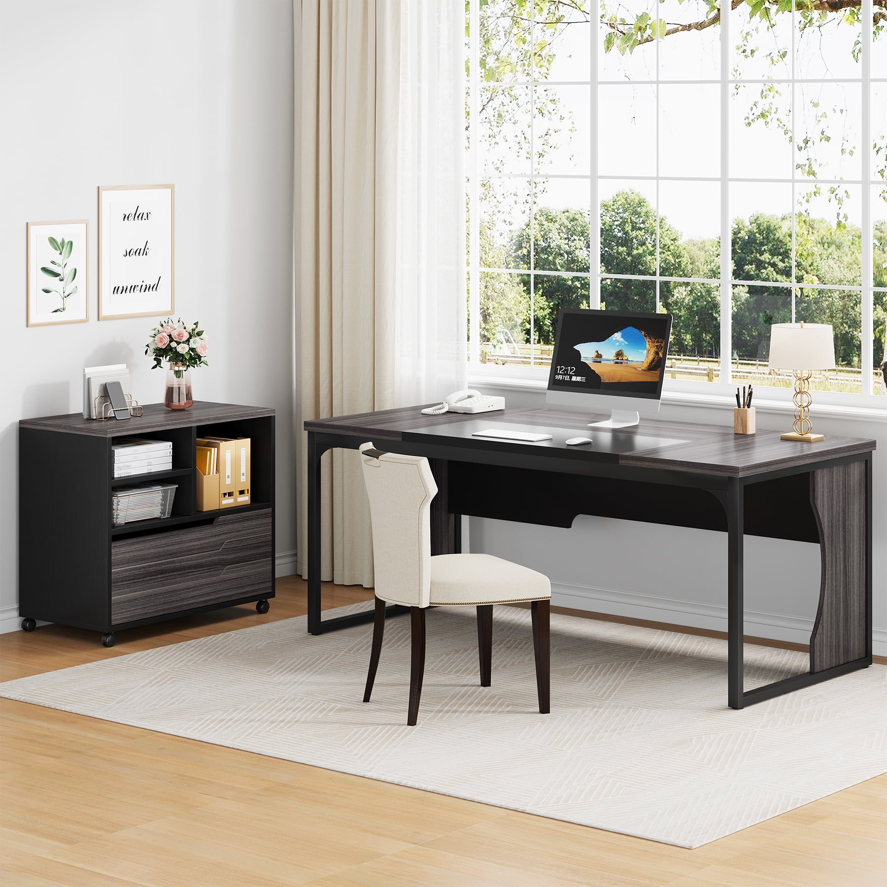Condemo L Shaped Executive Office Desk with Mobile File Cabinet and LED Light, 63 inch Large Computer Table Business Furniture with Storage and Drawers for Home Office, Gray and Black