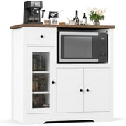 GarveeHome Kitchen Microwave Cabinet with Storage & Drawers, Modern Buffet Cabinet with Glass Doors & Adjustable Shelf, Wooden Sideboard for Dining Room, Living Room, White