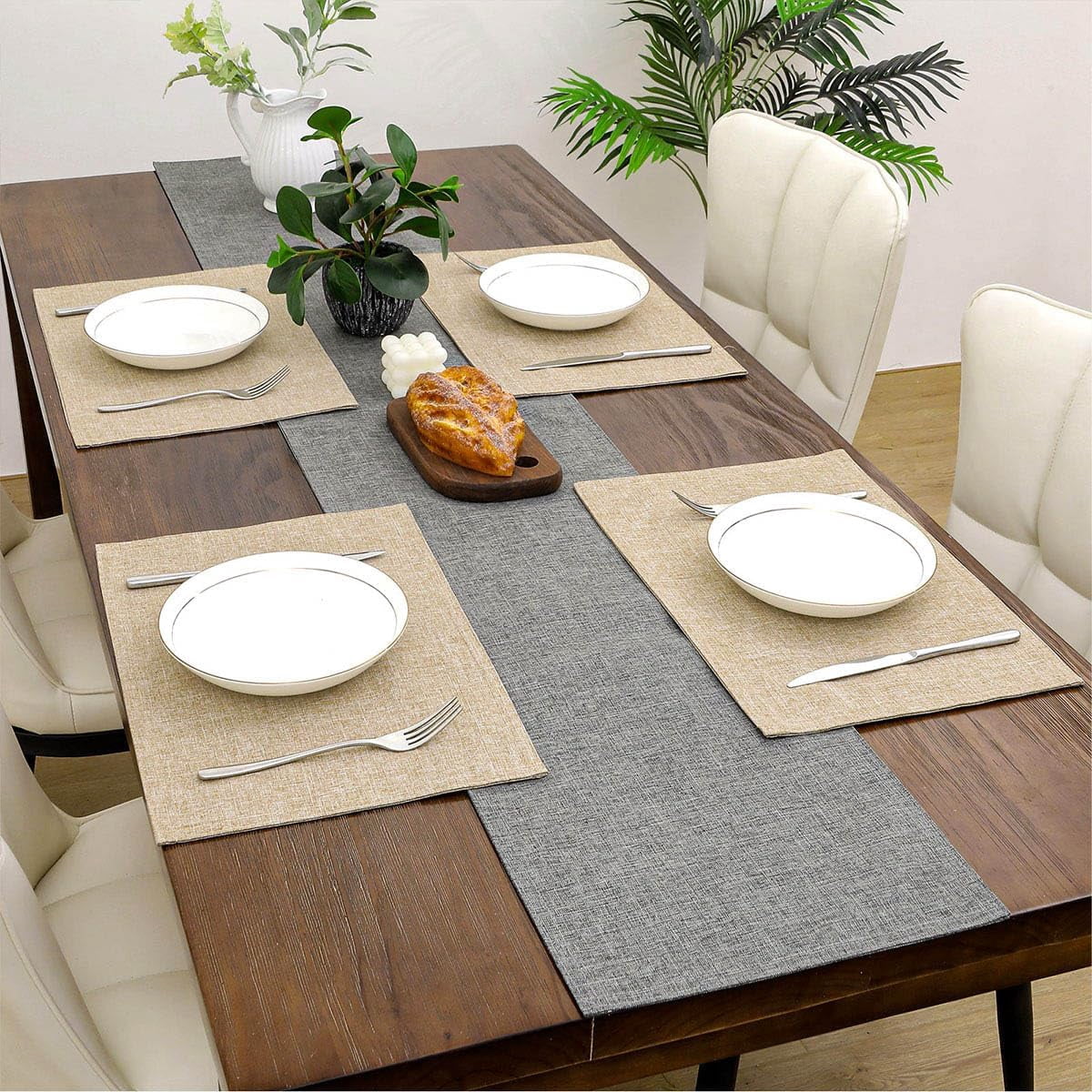 Fabric Placemats Set of 6 Machine Washable Thickened Cloth Table Placemats Heat Resistant Non Slip Table Mats Double Layer Place Mats, Beige