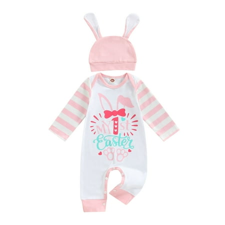 

Calsunbaby Newborn Baby Girl Long Sleeve My 1st Easter Romper Jumpsuit Rabbit Bunny Ears Headband 2PCS Set 6-9 Months