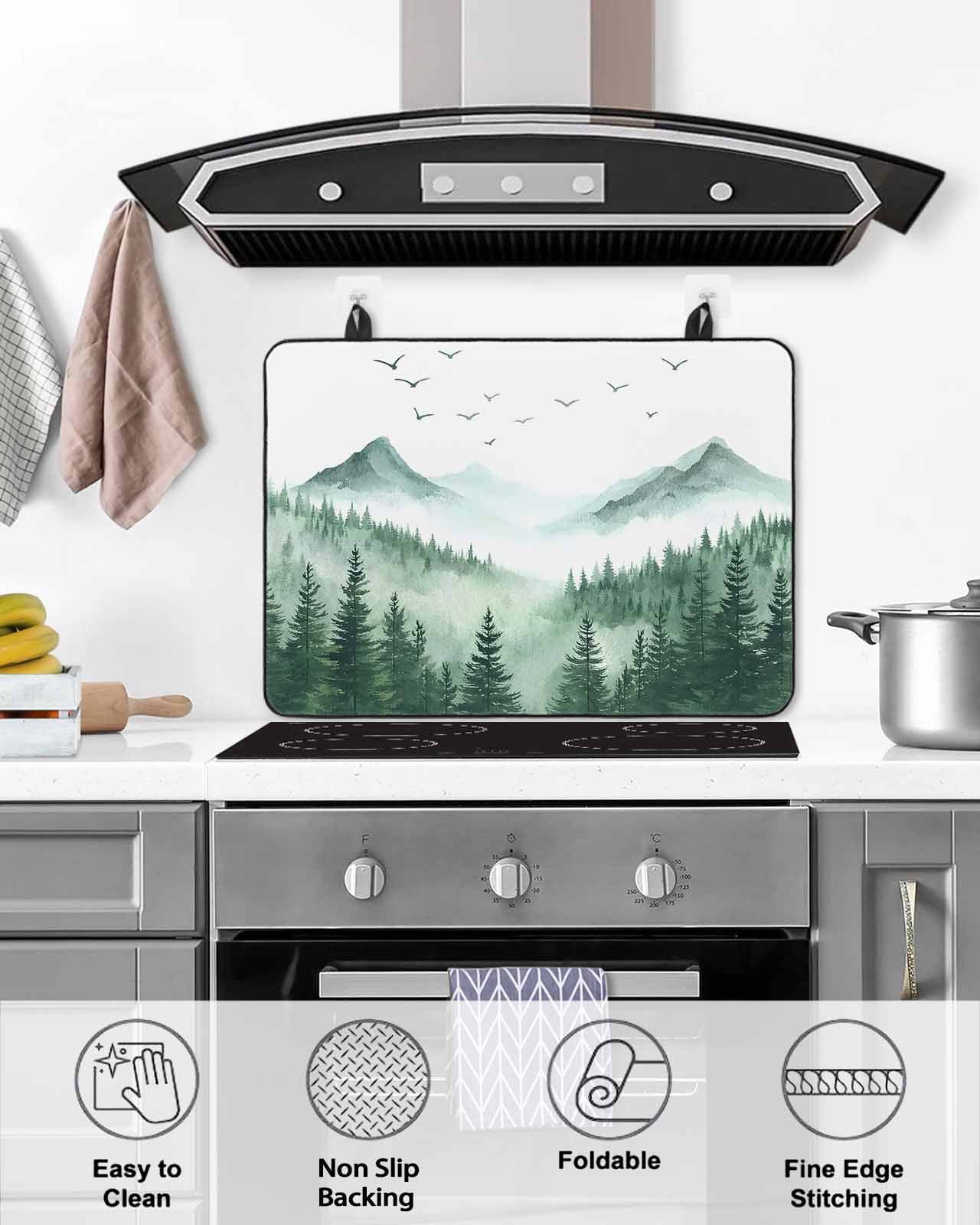 nqOlkjepod Large Induction Cooktop Protector Mat 36"x21", Green Foggy Forest Stove Top Covers for Electric Stove, Mist Mountain Trees Nature Scenery Stove Burner Cover Mats, Glass Top Stove Cover