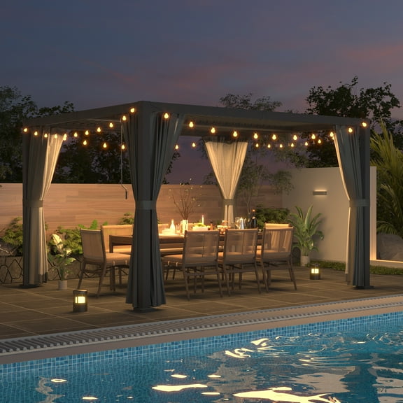 10' ×12' Outdoor Louvered Pergola, Aluminum Outdoor Louvered Pergola Patio with Adjustable Roof for Outdoor Deck Black Pergola with Gray Curtain