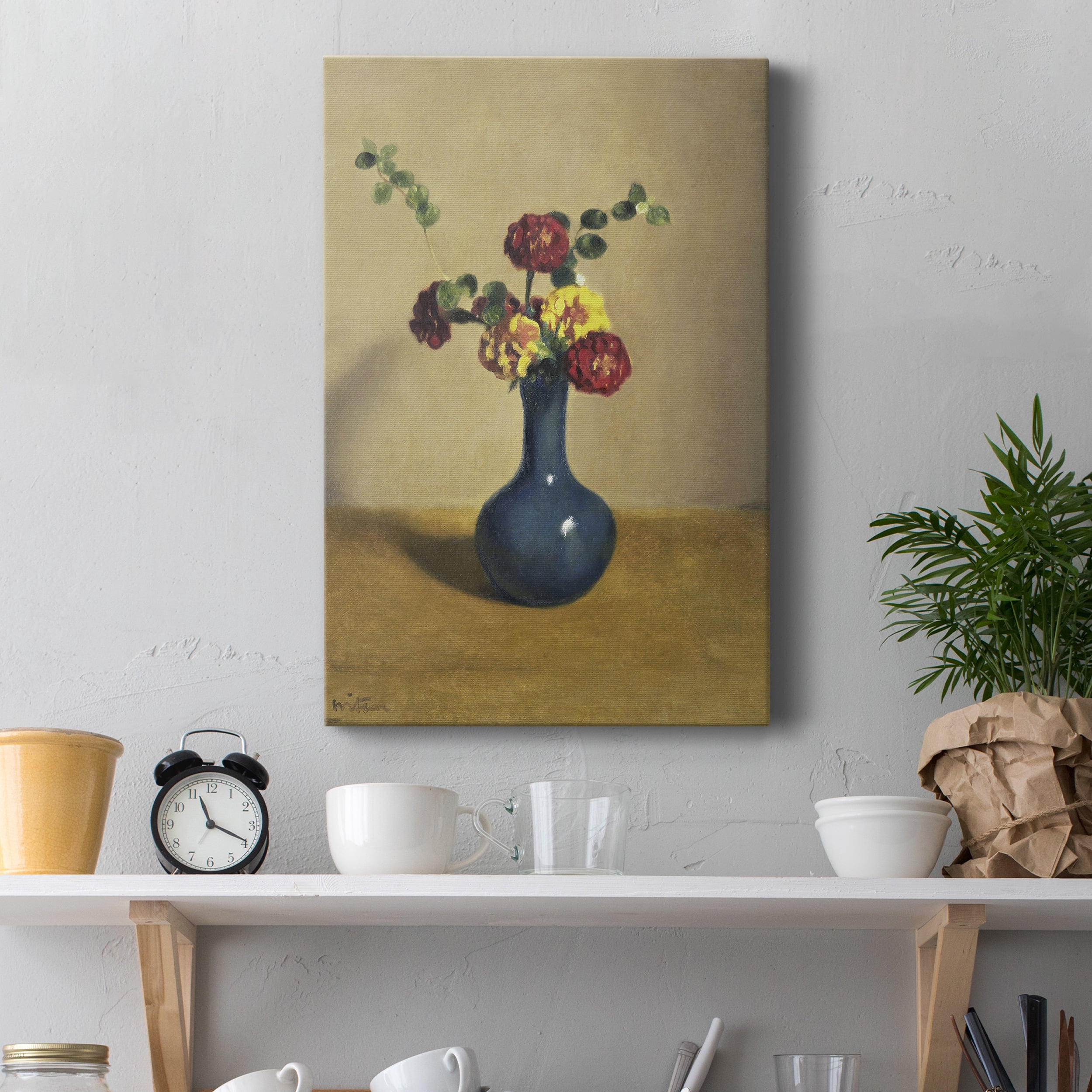 Afrikaantjes in een blauw vaasje Premium Gallery Wrapped Canvas - Ready to Hang - 24 x 36