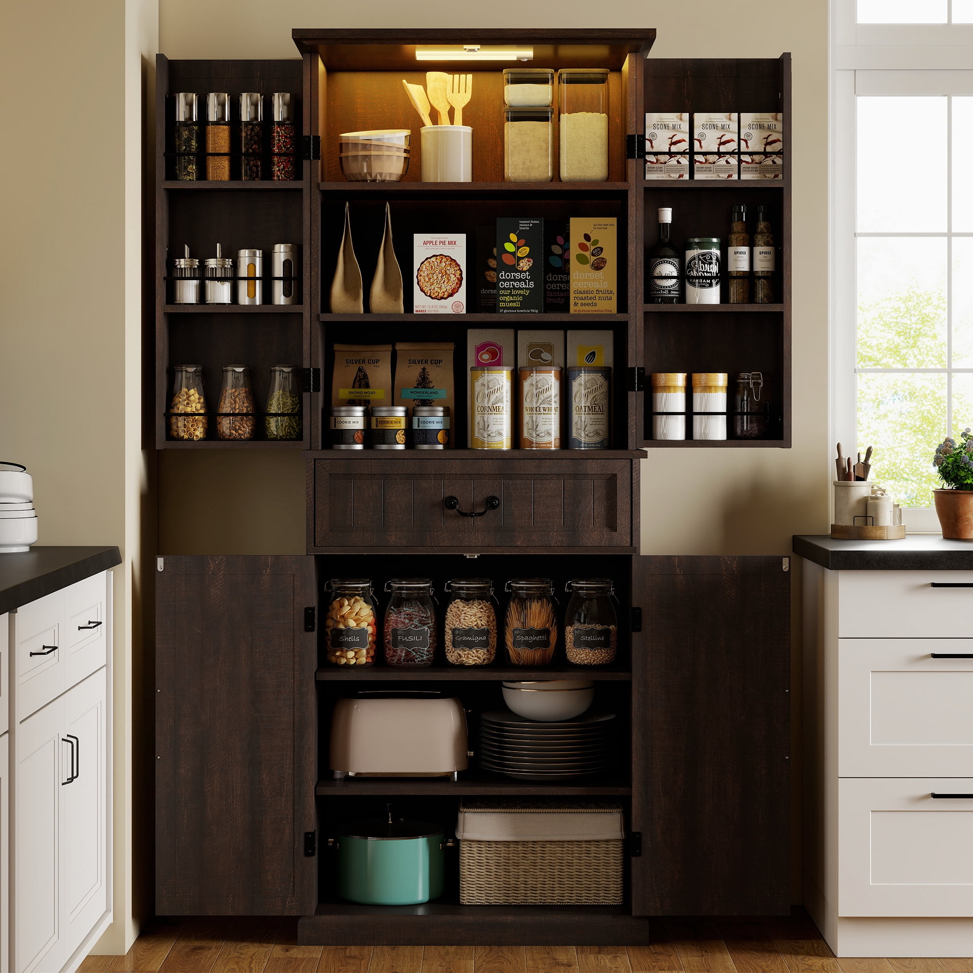 HOMCOM Farmhouse Kitchen Pantry Cabinet with Light, Storage Cabinet, Brown