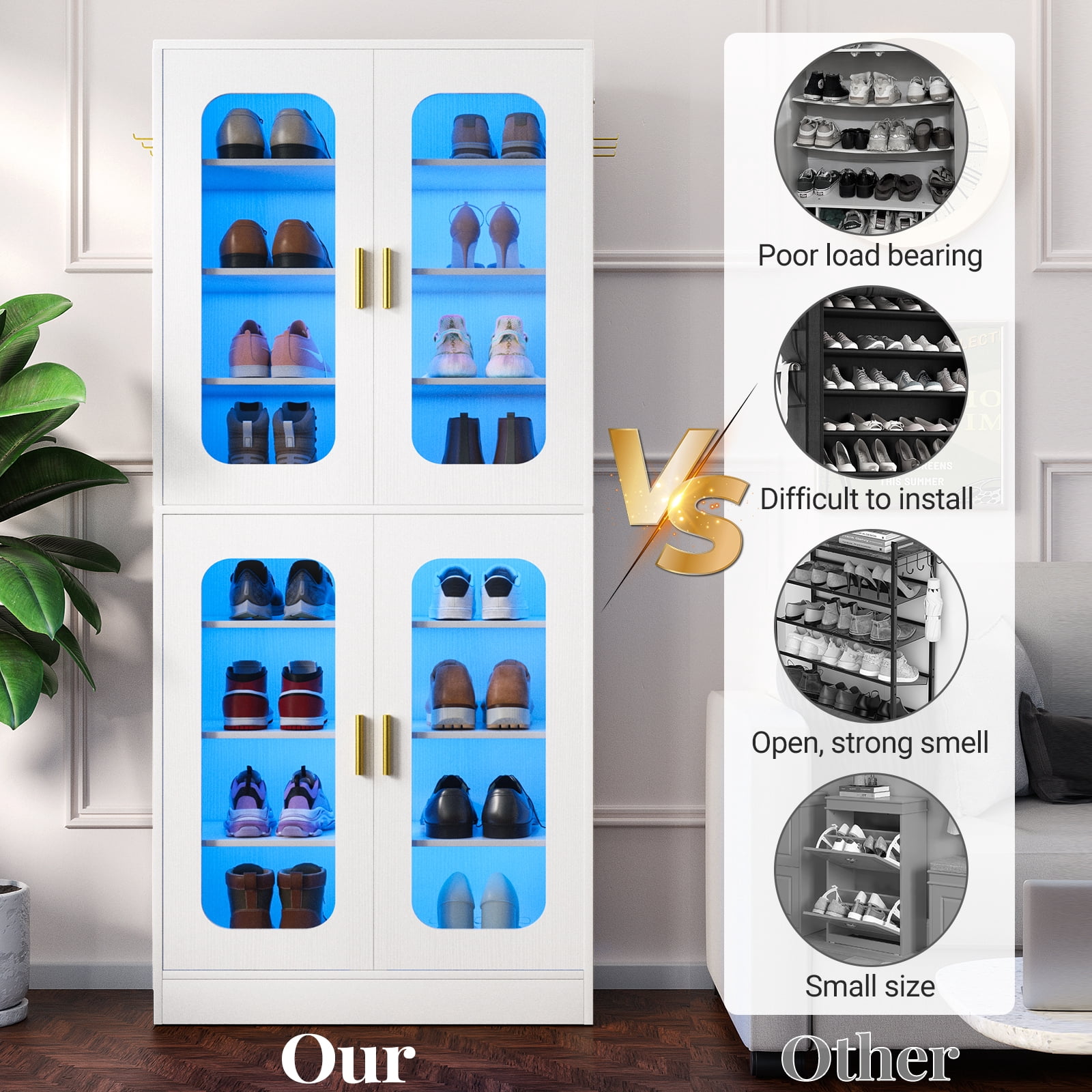 Homieasy 8-Tier LED Shoe Cabinet with Adjustable Shelves - 67 inch Tall Shoe Racks with Hooks for Entryway, Living Room, 24-32 Pairs,White