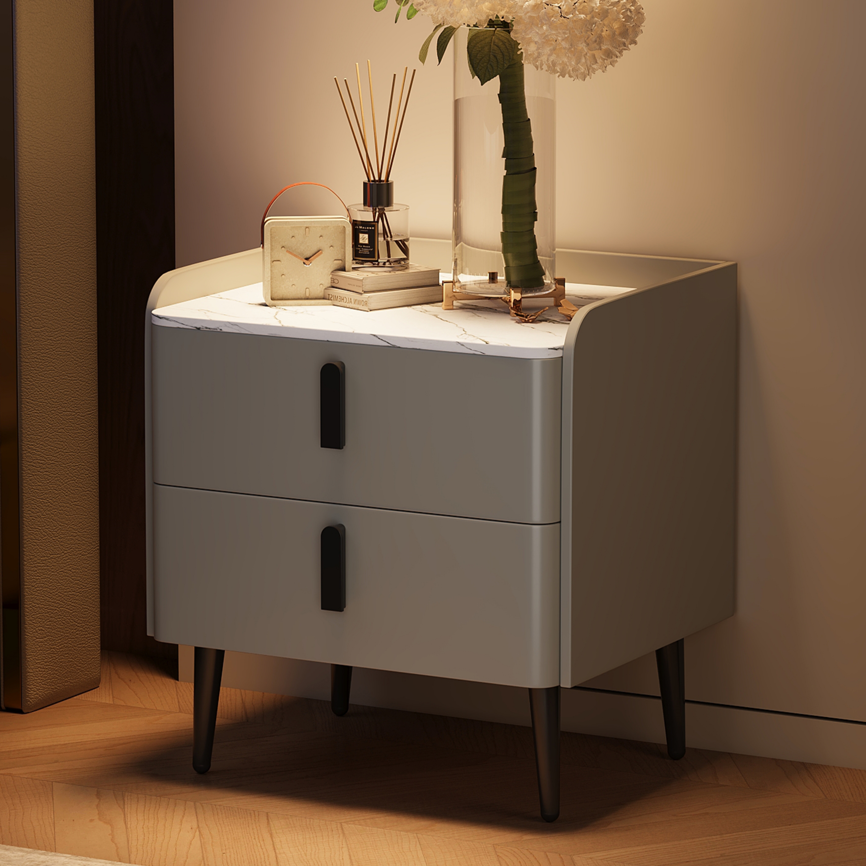 Euroco PU Leather Nightstand with 2 Drawers,Modern Bedside Table End Table for Bedroom, Living Room,Gray