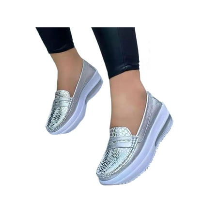 

Woobling Ladies Walking Shoe Slip On Casual Shoes Wedge Loafers Women Sneakers Low Top Platform Comfort Silver 6