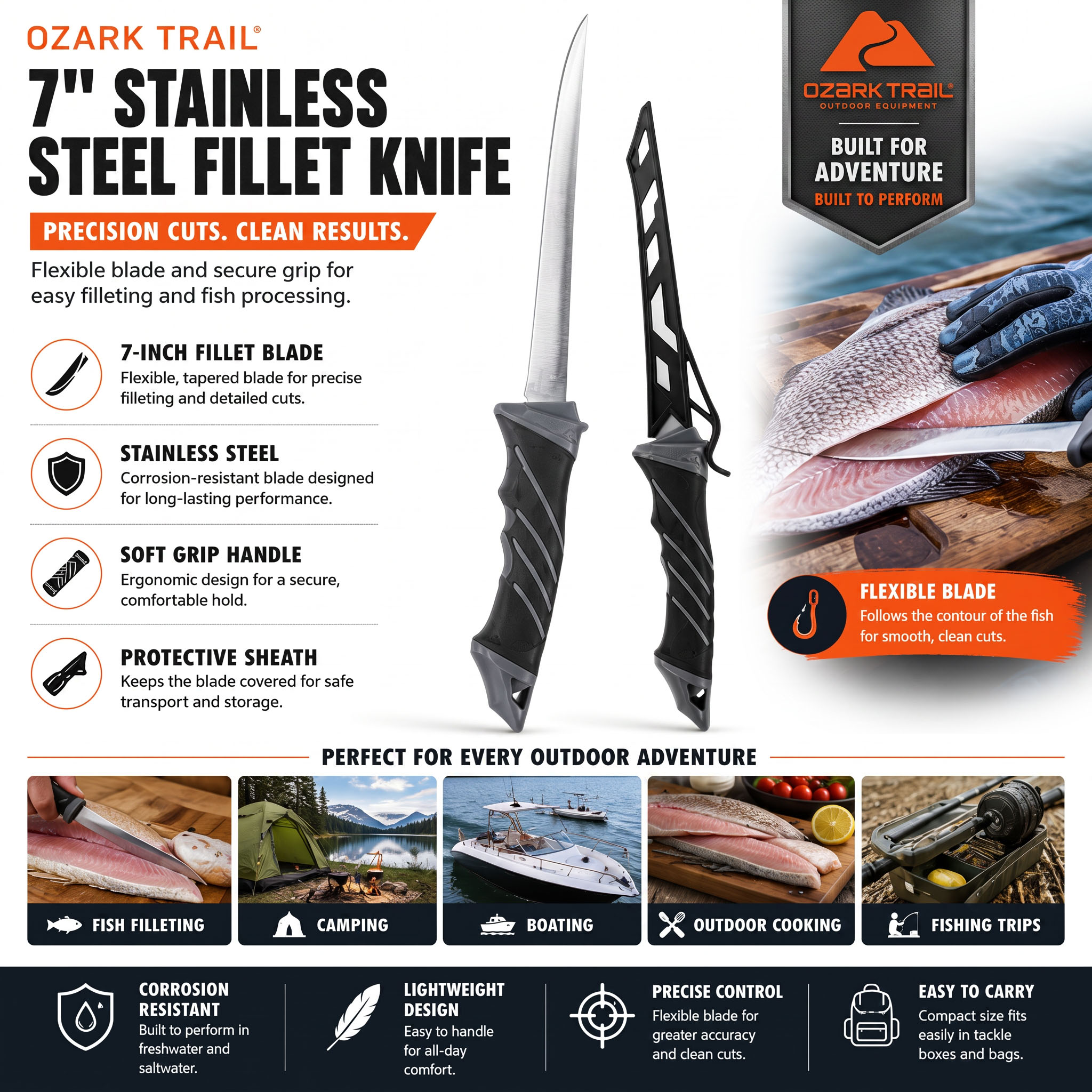 Cuchillo fileteador de acero inoxidable de 7 pulgadas con mango de agarre suave y funda 2