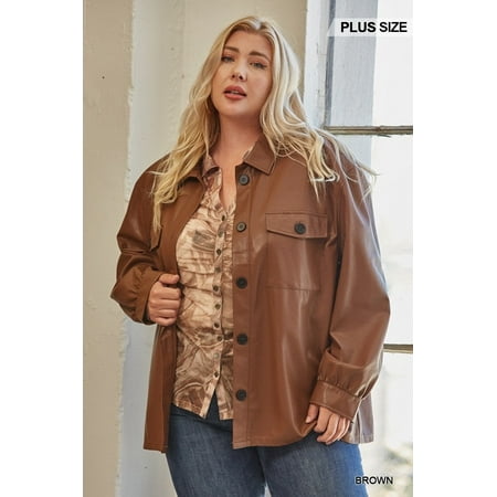 

Faux Leather Button Down Shacket With Side Pockets