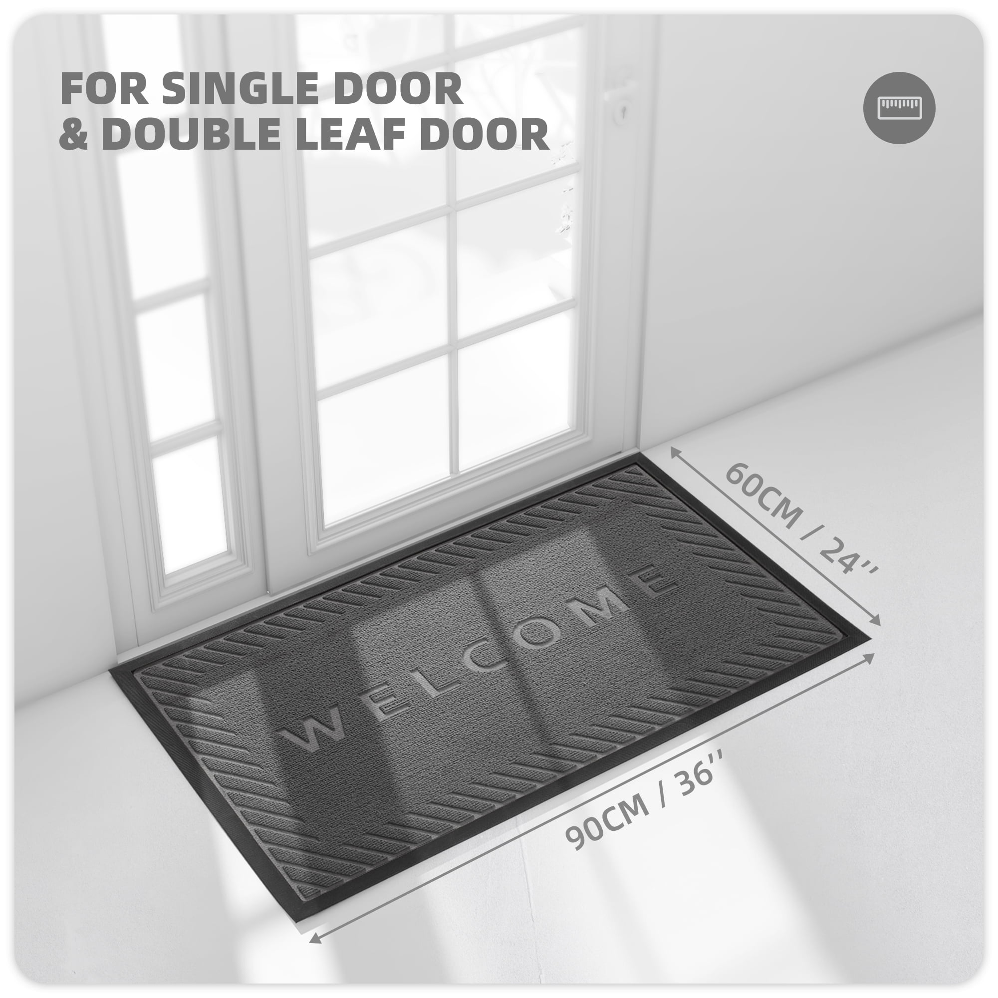 PABUBE Welcome Mat Front Door Mat Non-slip Doormat, Low Profile Outdoor Doormat Entry Rug for Entryway, Patio, Black Gray, 24" x 36"
