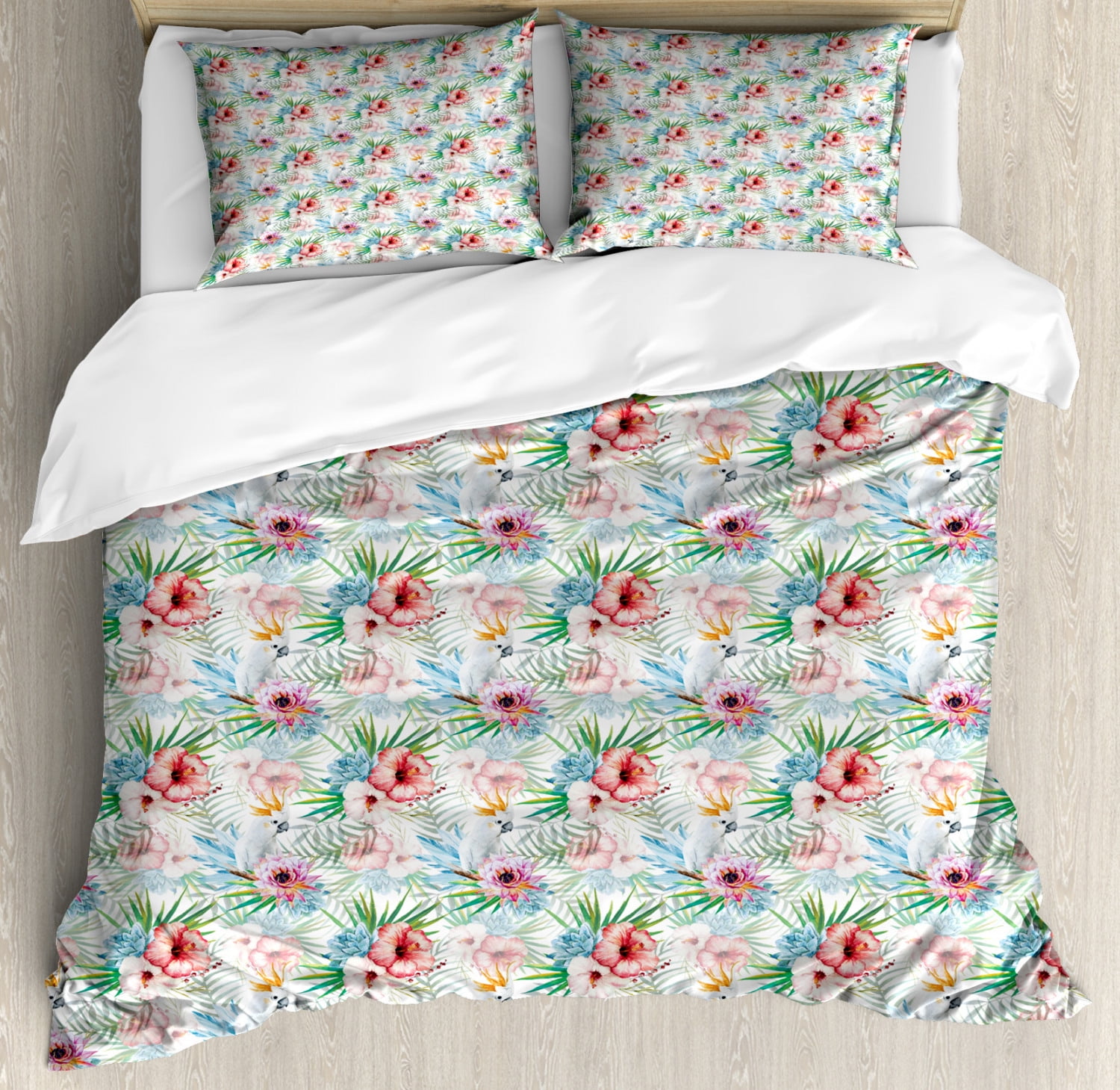 Tropical Duvet Cover Set King Size Exotic Hibiscuses And Parrots