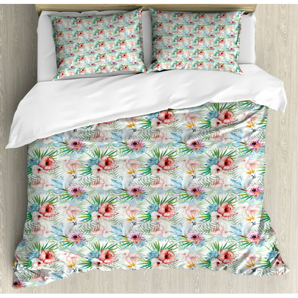 Tropical Duvet Cover Set King Size Exotic Hibiscuses And Parrots
