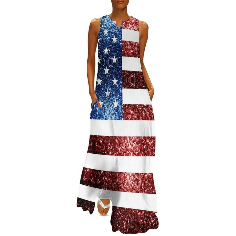 WQJNWEQ Clearance Independence Day Clothes Ladies Fashion V-Neck Sleeveless  Summer Evening Party Printing Ladies Pocket Vest Long Dress