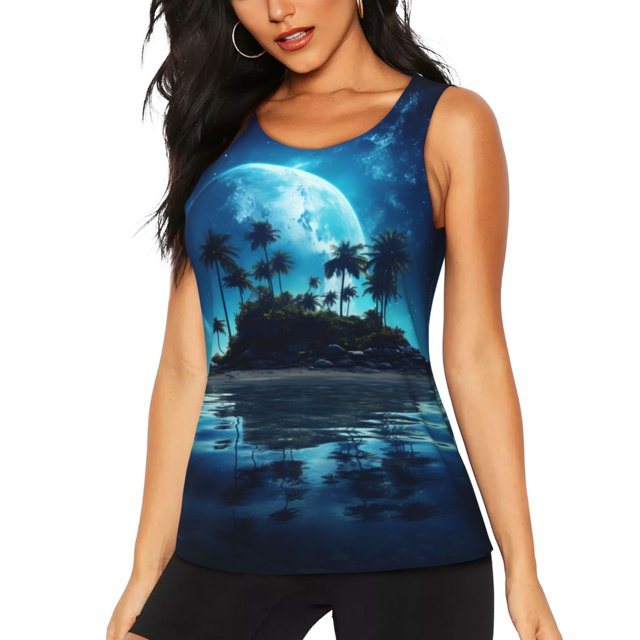 Balery Hawaiian Beach Pirate Moon Camiseta sin mangas estampada ligera para mujer, tops de entrenamiento sin mangas, camisetas de yoga transpirables de secado rápido.-Medium