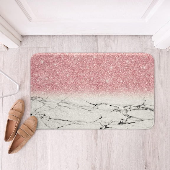Watercolor Marble Bath Rugs Floor Mats Ink Marbling Ultra Soft Non Slip Front Doormat Pink Sequins Plush Bath Mat for Shower and Tub Modern Fashion Absorbent Door Mats 16x24