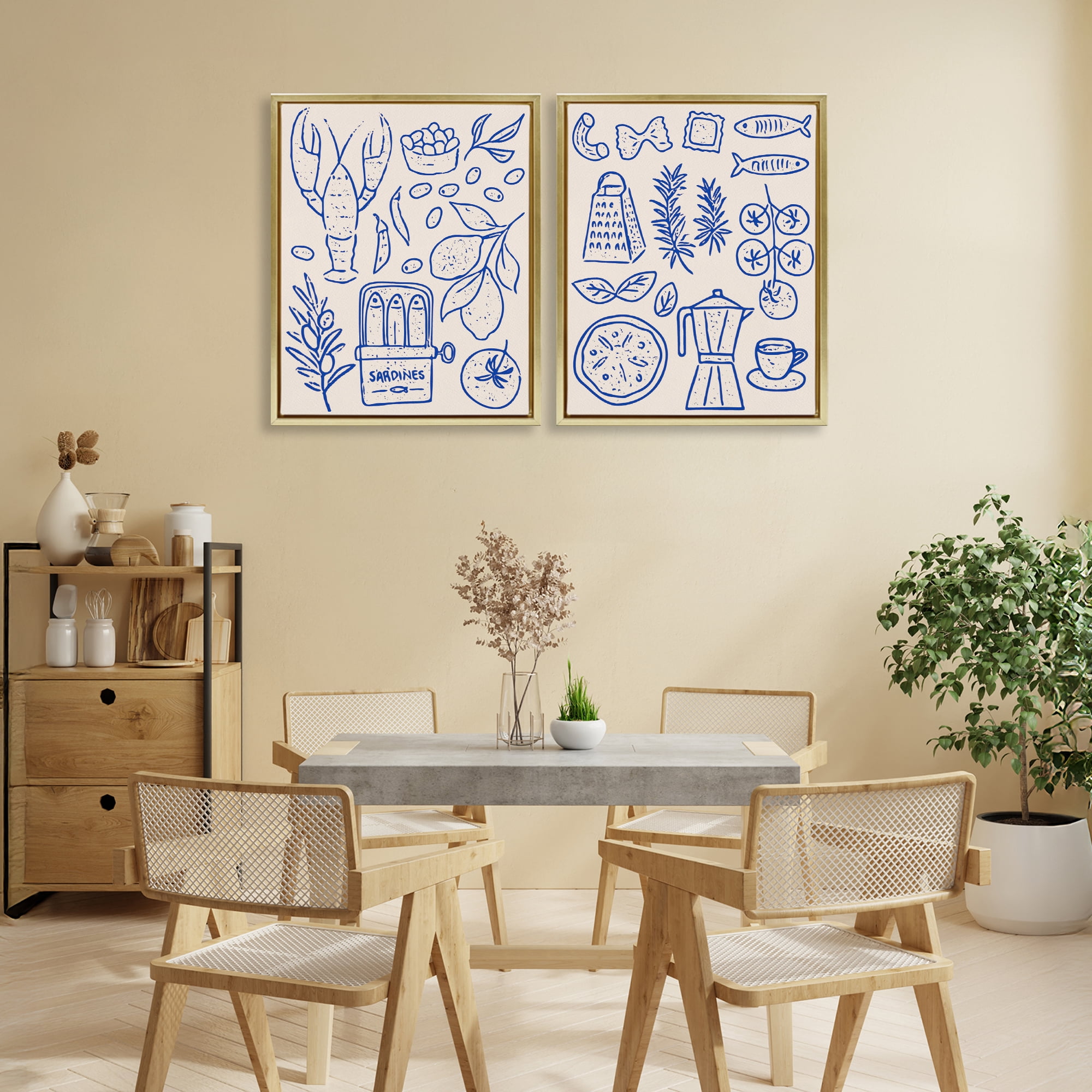 Stupell Industries Mediterranean Kitchen Simplicity 2 Piece Gold Framed Floater Canvas Set, design by Camila Juncos