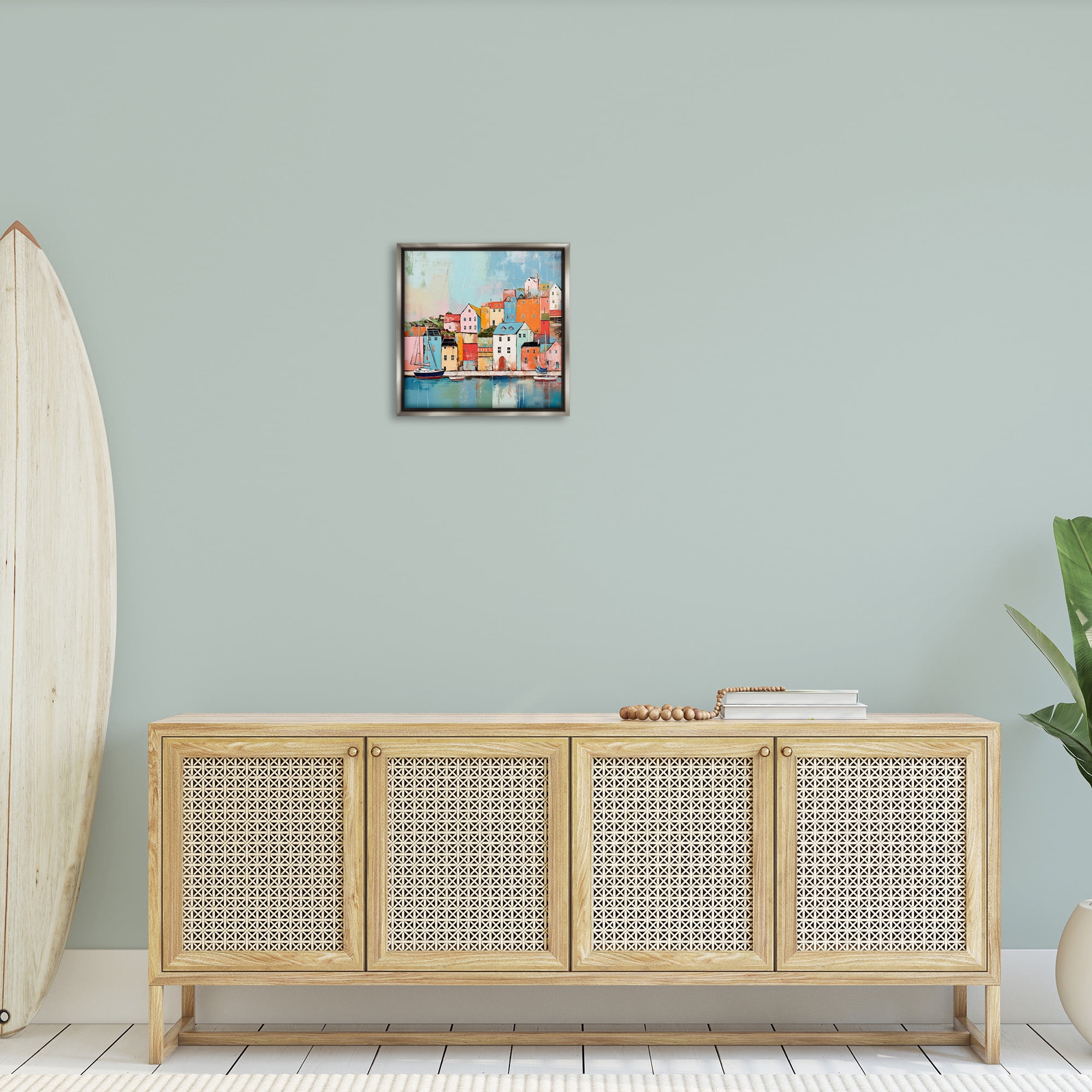 Stupell Industries Seaside Neighborhood Painting Transportation Painting Gray Floater Framed Canvas Art Print Wall Art, 18 x 18